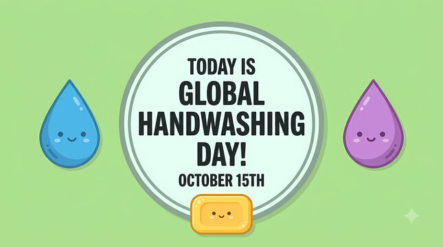 Global Hand Washing Day. Cute Water Drops and Hygiene Awareness Badge. Cleanliness and Health Education Concept. Playful Flat Vector Illustration