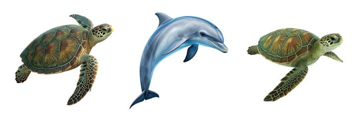 Sea turtle and dolphin marine animal asset set for ocean conservation travel branding packaging and educational design © Anna