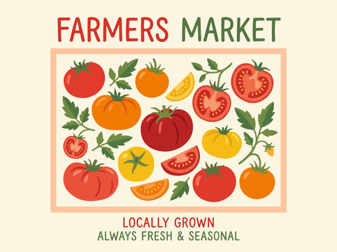 The logo beautifully represents a colorful array of locally grown vegetables and fruits, highlighting the freshness and seasonal quality of produce available at the Farmers Market.