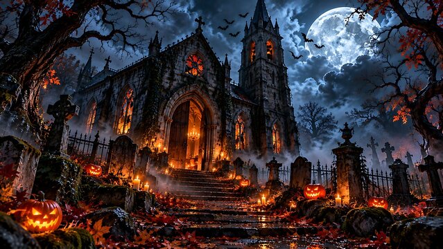 Spooky haunted gothic church in a graveyard during a full moon halloween night with glowing pumpkins and autumn leaves