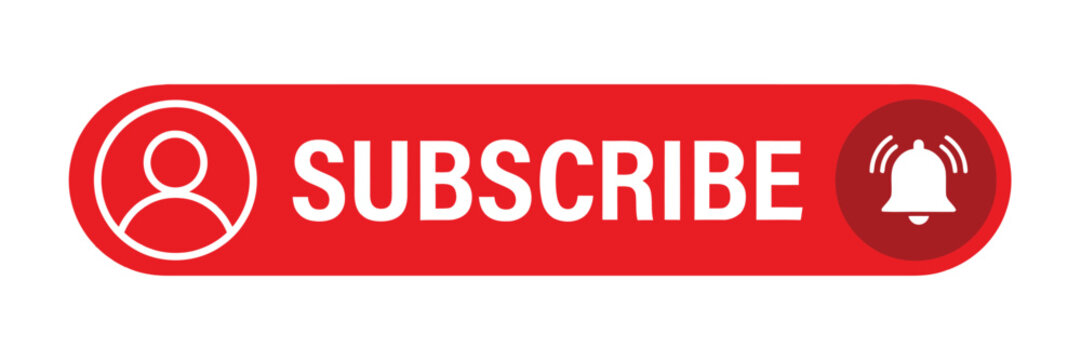 Red subscribe button icon with user profile and notification bell symbols. Social media engagement, channel subscription, follower and notification graphic. Vector illustration.