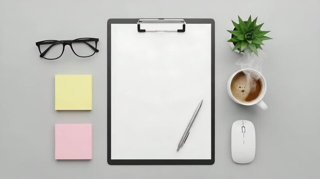 Top view of office desk with clipboard, coffee and stationery