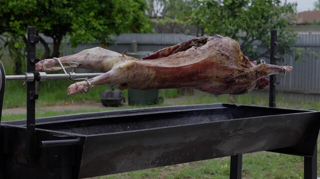 Slow turning whole juicy lamb turns on rotisserie spit as it roasts, showing browned meat and traditional slow cooking preparation for catering, barbecue and communal dining