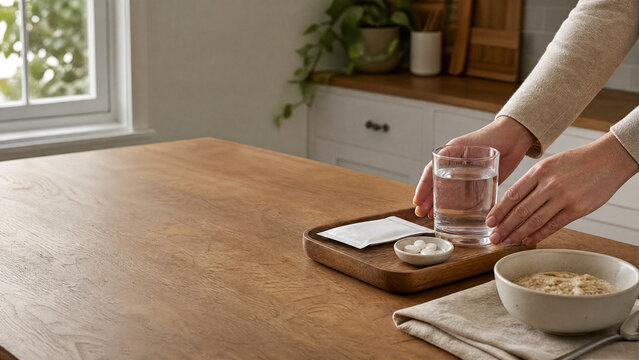 Hands setting water and medicine on a tray