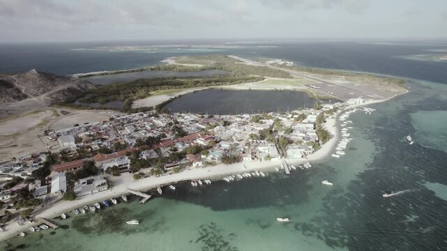 Slow aerial forward shot over Gran Roque fishing village and sea