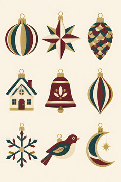 Set of nine vintage style christmas tree ornaments featuring festive shapes like stars bells snowflakes and birds in classic holiday color palette