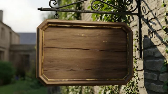 Blank wooden hanging sign on a rustic brick wall