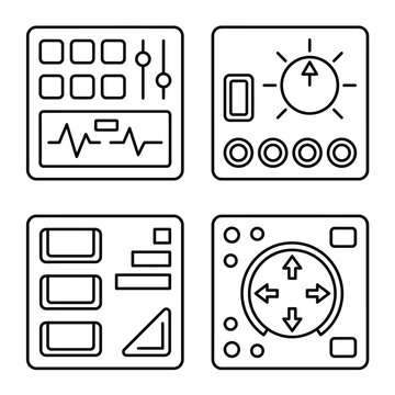 Control panel vector icon set with various electronic modules and adjustment knobs displayed in clear outline style.