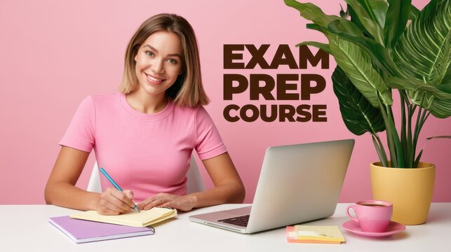 Smiling young woman in pink t shirt writing notes at desk with laptop, coffee and houseplant on pink background, exam prep course banner