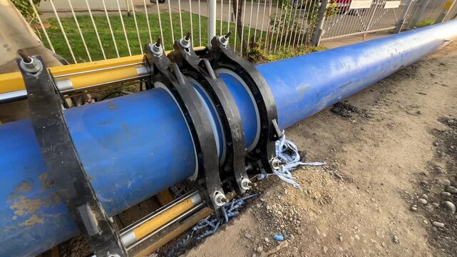 Joining of parts of polyethylene sewer pipe of large diameter: this is how butt fusion welding machine looks like