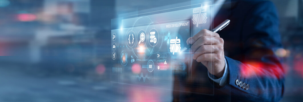 Web Developer analyzing Web development on digital screen. writing code, designing websites, improving performance, optimizing user experience, advancing digital solutions