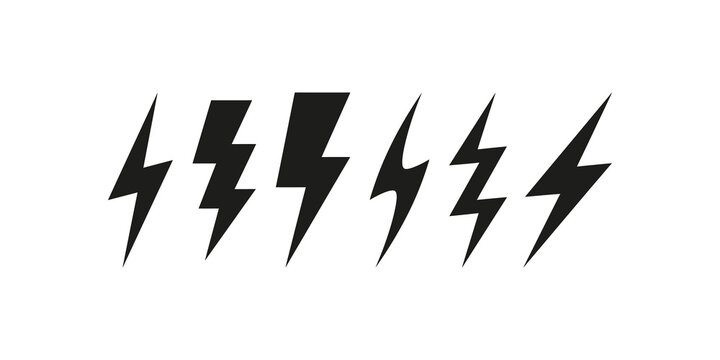 Set of black lightning bolt symbols on transparent background.