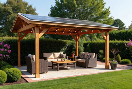 Cozy wooden backyard gazebo with solar panels on roof and wicker patio furniture on a sunny day