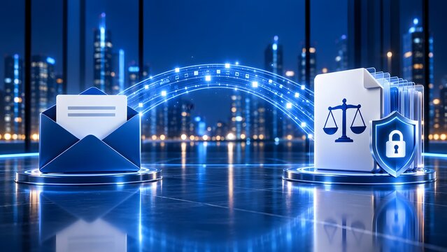 Secure digital forensics and legal data protection concept showing an electronic mail being transferred to a law document with scales of justice and security shield over a night city background.