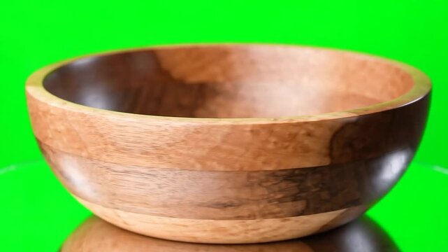 Wooden salad bowl rotating on green screen background, chroma key isolated object