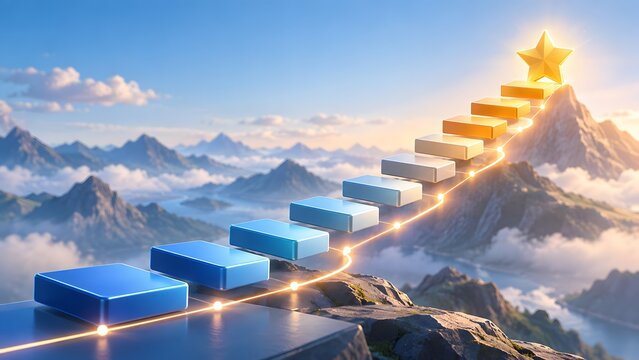 Conceptual 3D illustration of a floating staircase leading to a golden star at the top of a mountain range, symbolizing success, career growth, ambition, and reaching professional goals.