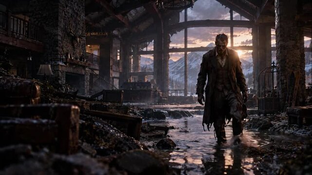 Zombie man walking through flooded ruined mountain lodge at sunset