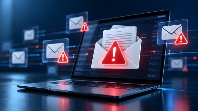Cybersecurity concept of digital forensics and phishing email detection on a laptop screen featuring red warning icons and malicious software alerts for data protection and online safety.