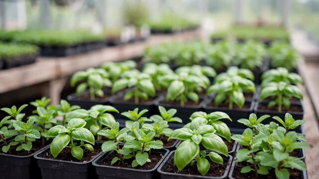 Potted basil and mint herbs in rows inside a greenhouse nursery with shallow depth of field