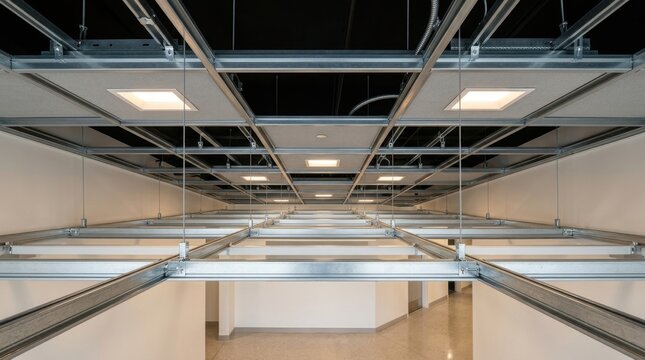 Modern office building interior suspended grid ceiling with recessed square lights.