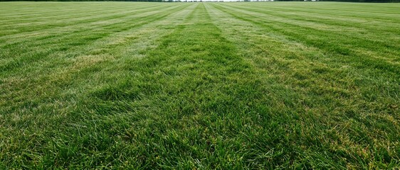 Fototapeta premium Freshly mowed grass field stretching to the horizon with striped pattern and open sky above