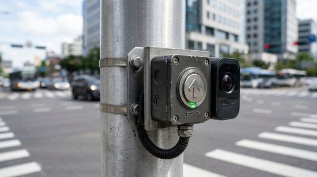 Pedestrian crossing button and camera mounted on metal pole in city.