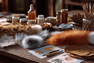 Fototapeta premium Furry animal costume ears and tail pieces rest beside brushes, containers, stacked fabric pieces, and tools across a cluttered indoor craft table