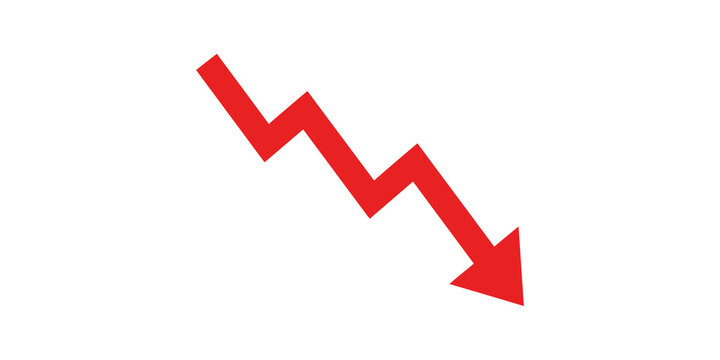 Red zig zag arrow pointing down trend graph for business decrease.