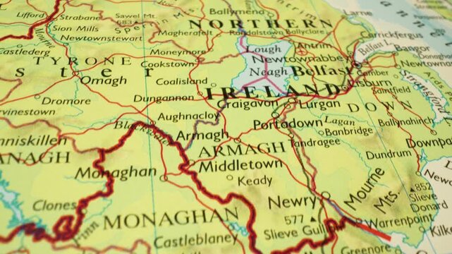 Flyover of Northern Ireland to Belfast &ndash; gliding view over physical map