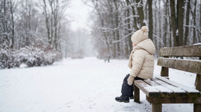 A serene winter landscape featuring a person sitting on a bench amidst snowy trees and falling snow