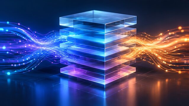 Centralized glass data server processing glowing incoming and outgoing fiber optic information streams