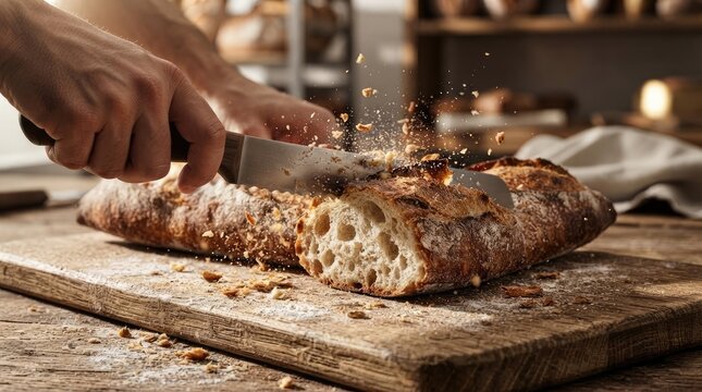 Tangan memotong roti baguette panggang yang renyah dengan remah berterbangan