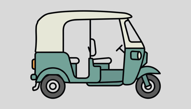 Traditional asian tuk tuk auto rickshaw taxi in teal and white colors illustrated on a plain grey background.