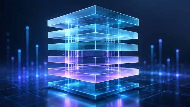 Glowing stacked glass data cubes illuminated by vertical light beams representing scalable cloud storage