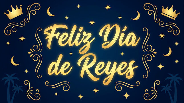 Spanish holiday greeting 'Feliz Dia de Reyes' shines in golden calligraphy on a dark blue background decorated with crowns and stars.