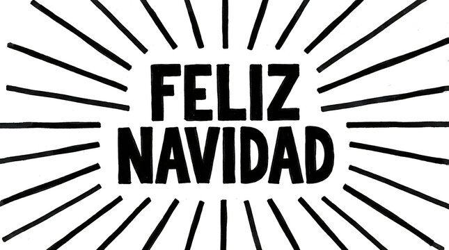 Feliz Navidad text is displayed in bold black lettering with radiating sunburst lines on a transparent background.