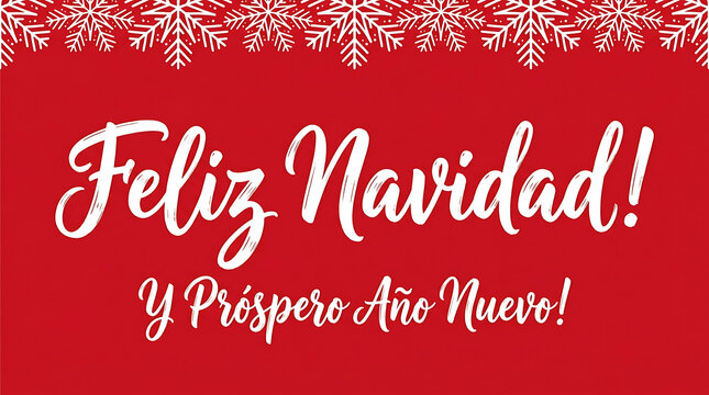 Feliz Navidad calligraphy text on a bright red background decorated with white snowflakes at the top.