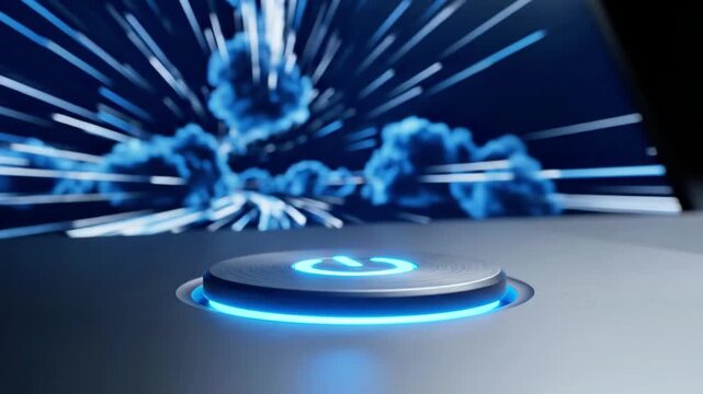 Glowing blue circular power button on metallic high-tech surface.