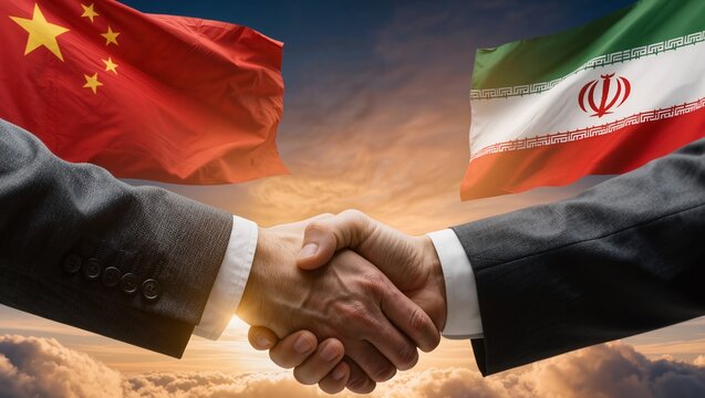 China and Iran flags behind businessmen handshake, trade, diplomacy, deal