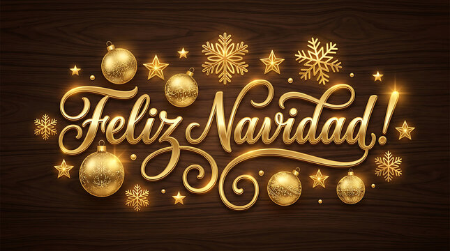 Christmas greeting card with golden Feliz Navidad text and glowing holiday ornaments on a dark wooden background.