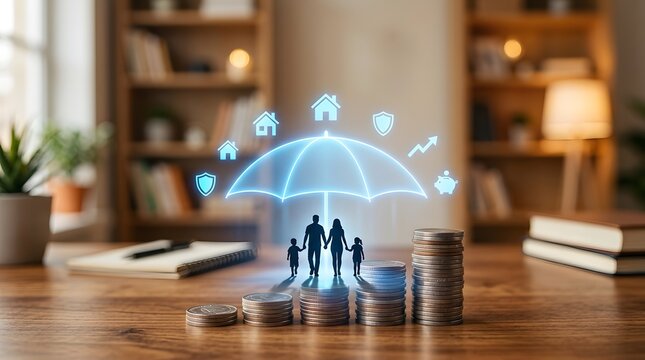 Family insurance concept with glowing umbrella hologram, financial protection and life coverage icons, stacked coins on wooden desk