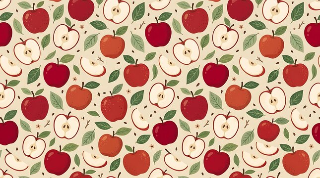 Seamless pattern with red apples and green leaves on a light