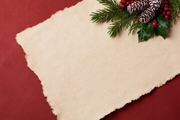 Fototapeta premium The Parchment Sheet with Festive Pinecones and Holly on Red Background