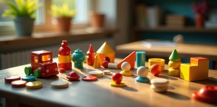 Wooden table strewn with colorful developmental toys , fun, development, shapes
