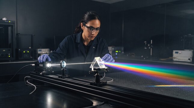 Scientist conducting advanced optics experiment with laser.
