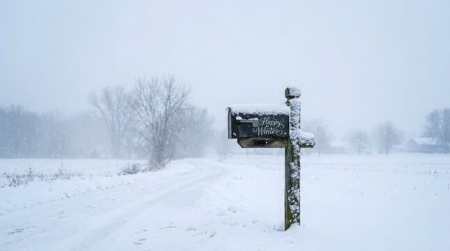A serene winter landscape featuring a snow covered field and a blurred signpost in the distance