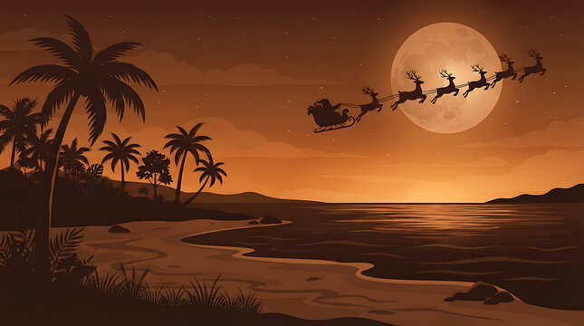 Santa Claus flies in a sleigh pulled by reindeer over a tropical beach during a warm sunset.