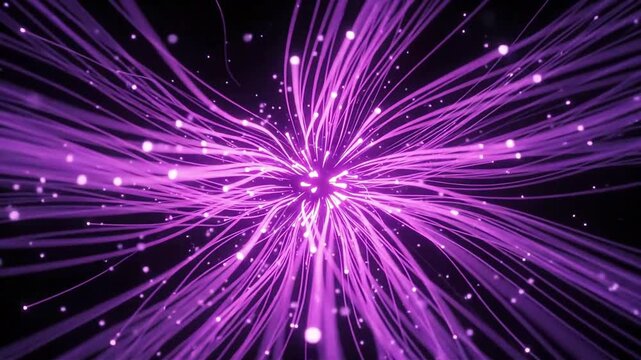 Purple glowing fiber optic light rays burst, abstract violet motion lines background, futuristic digital energy network particles animation