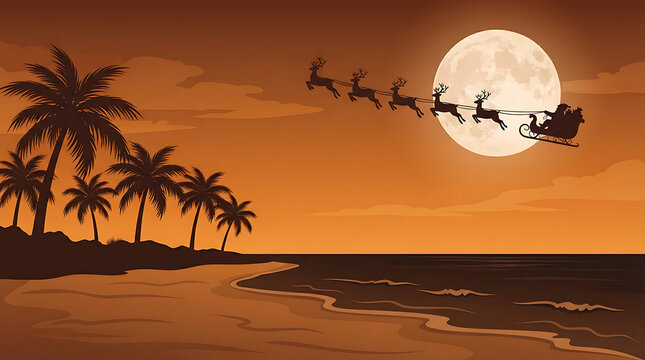 Santa Claus sleigh pulled by reindeer flies past a full moon over a tropical beach lined with palm trees.