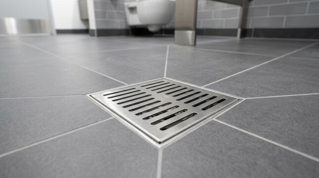 Stainless steel floor drain installed in grey tile bathroom ceiling with plumbing in background.